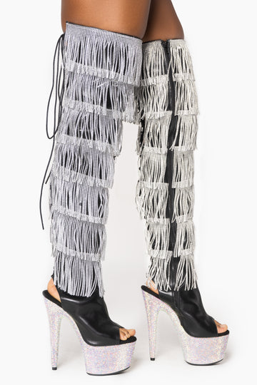 Botas altas hasta el muslo con flecos de diamantes de imitación y plataforma de diamantes